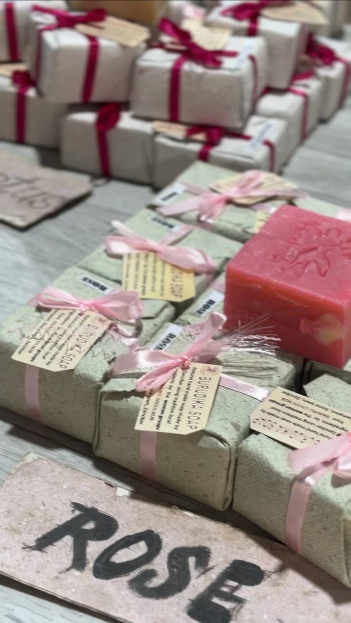 Handmade organic soaps wrapped with ribbon